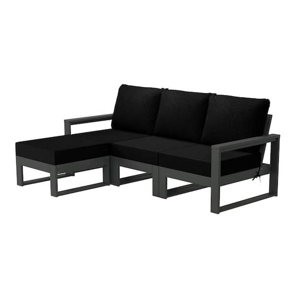 WESTIN OUTDOOR Endless Gray Frame 4-Piece HDPE Plastic Outdoor Deep Seating Sectional Set with Ottoman with Black Cushions