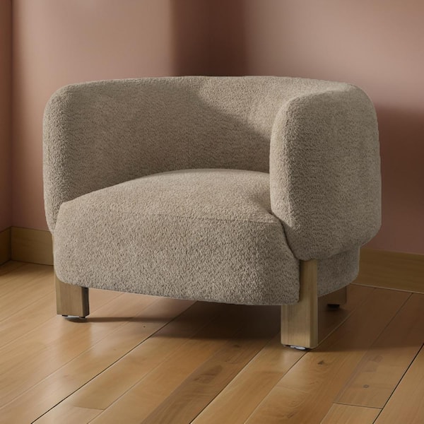 Benjara Taupe and Brown Polyester Arm Chair with Foam Cushions and Solid Wood