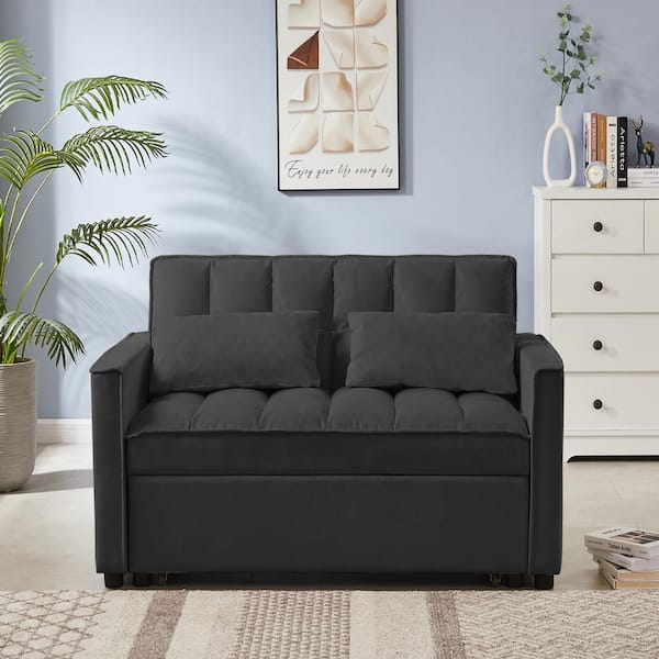 Unbranded 53.14 in. Black Velvet Upholstered Twin Size Sofa Bed with 2-Pillows 2-Pockets Metal Frame