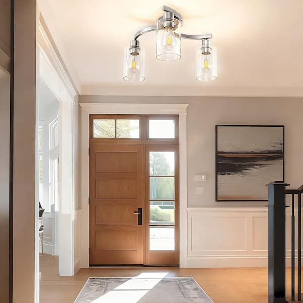 12 in. 3-Light Semi Flush Mount Ceiling Light, Brushed Nickel Fixture with Clear Glass for Bedroom & Hallway Decor