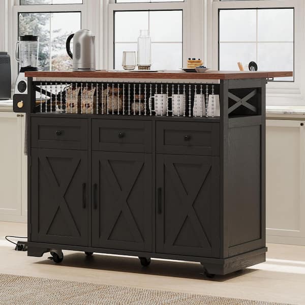 Ziyudura Black Wood Grain Top 46.5 in. Kitchen Island Cart with Drape of Beads, Power Outlet, Drop Leaf, Drawers, and Wheels