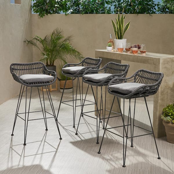 Dale 38 in. Grey Outdoor Patio Bar Stool with Dark Grey Cushions (Set of 4)