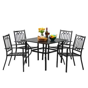5 Pcs Outdoor Patio Furniture, Outdoor Square Table, and 4 Stackable Wrought Iron Metal Chairs, with 1.57" Umbrella Hole