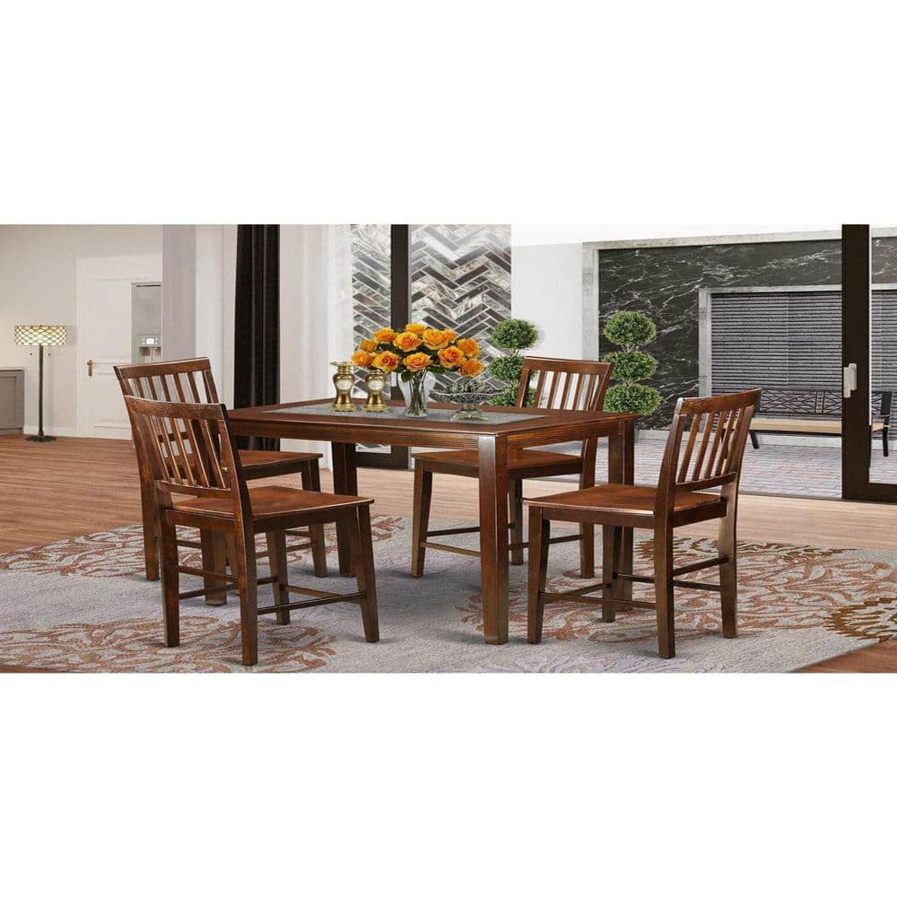 Mahogany Counter Height Pub Set with 4 Wooden Chairs