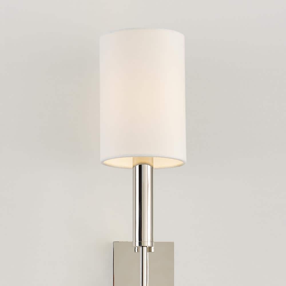 Polished Nickel Iron Wall Sconce with White Linen Shade