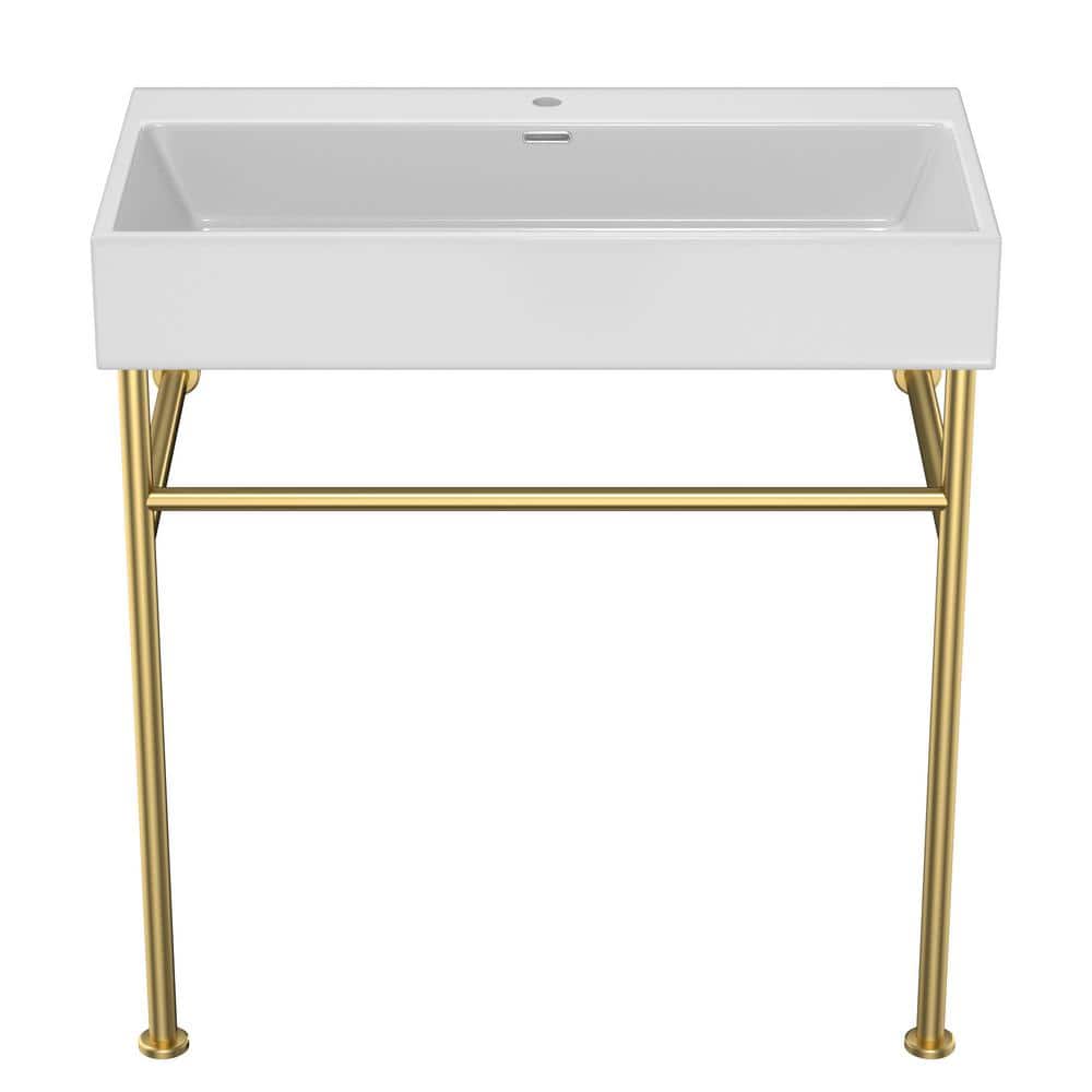 White Ceramic Rectangular Vessel Sink Bathroom Console Sink with Overflow a