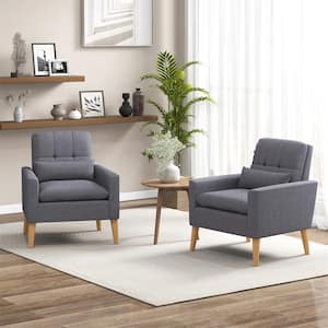 Gray Upholstered Tufted Accent Armchair with Lumbar Pillow Natural Rubber Wood Legs