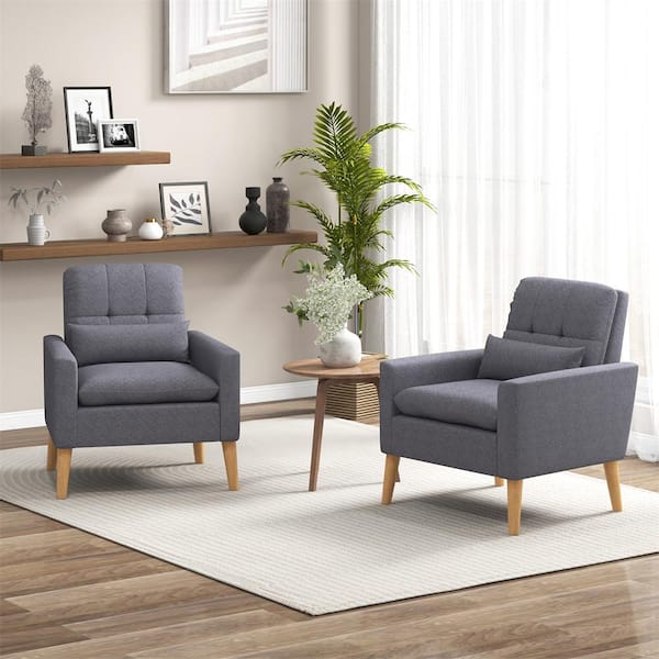 HONEY JOY Gray Upholstered Tufted Accent Armchair with Lumbar Pillow Natural Rubber Wood Legs