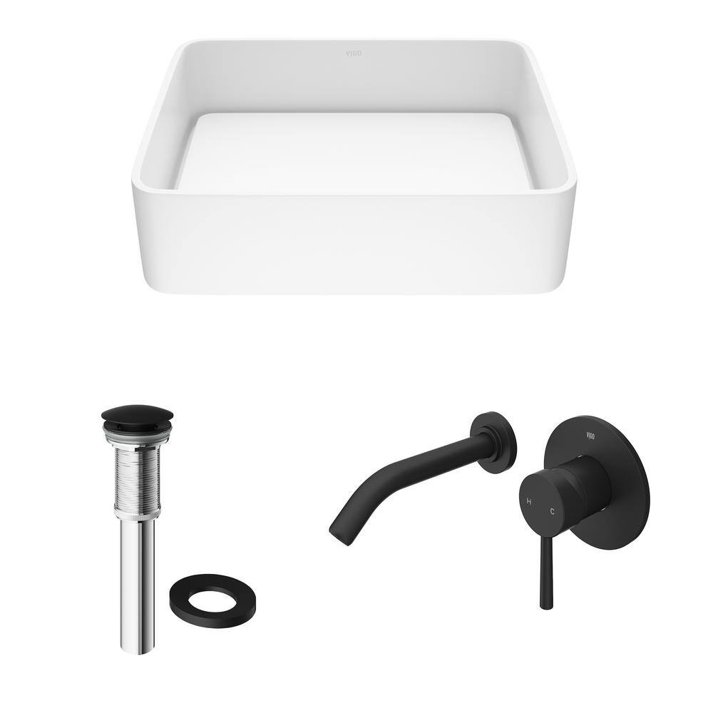 18" White Stone Rectangular Vessel Sink with Matte Black Faucet