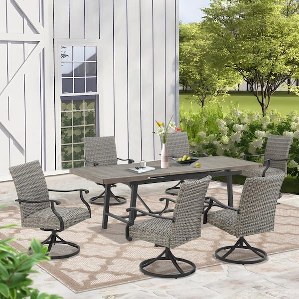 ULAX FURNITURE 7-Piece Wicker Outdoor Dining Set, Extendable Table and Swivel Dining Chairs