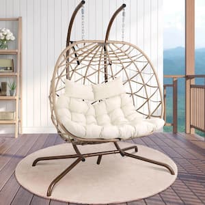 2-Person Indoor Outdoor Egg Hanging Chair with Stand, Patio Wicker Swing Egg Chair with White Cushions and Neck Pillows