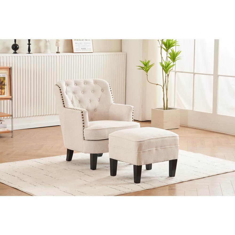 Beige Fabric Button Tufted Upholstered Club Chair Accent Arm Chair with