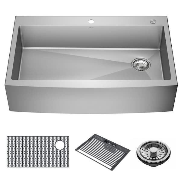 Delta Lenta 16 Gauge Stainless Steel 36 in Single Bowl Farmhouse Apron Front Kitchen Sink with Accessories