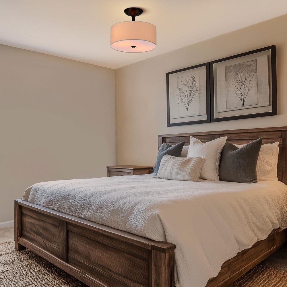 Cassie Contemporary Matte Black Drum Ceiling Light with White Shade