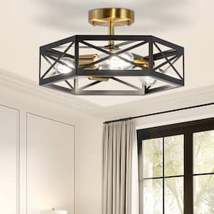 15 in. 3-Light Black Gold Flush Mount Modern Ceiling Light, Hallway Light Fixtures Ceiling Mount