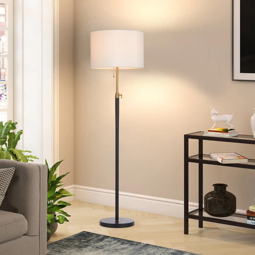 64.5" Adjustable Black Metal Floor Lamp with White Drum Shade