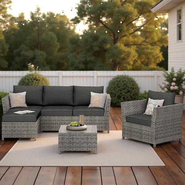 XIZZI Bella Gray 6-Piece Wicker Outdoor Sectional Set with Black Cushions
