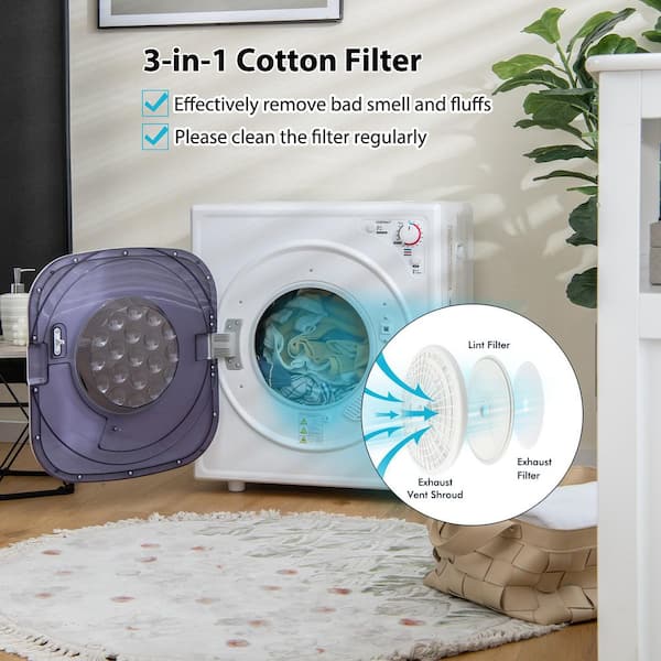 110V Electric Compact Tumble Dryer Wall Mounted Portable Clothes Dryer with Stainless Steel Tub Silver