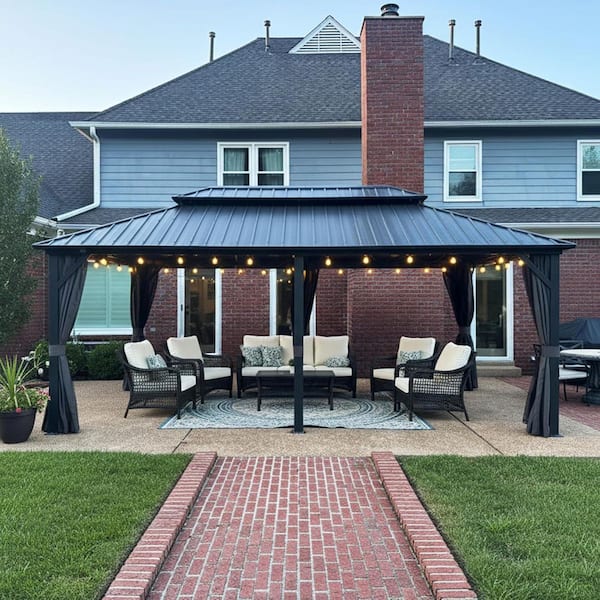 12 ft. x 20 ft. Gray Aluminum Hardtop Gazebo Canopy with Netting and Curtains
