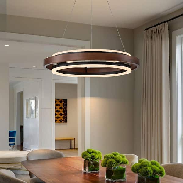 23.62 in. 2-light Black and Wood Ring Tiered Dimmable Integrated LED Chandelier for Kitchen Island