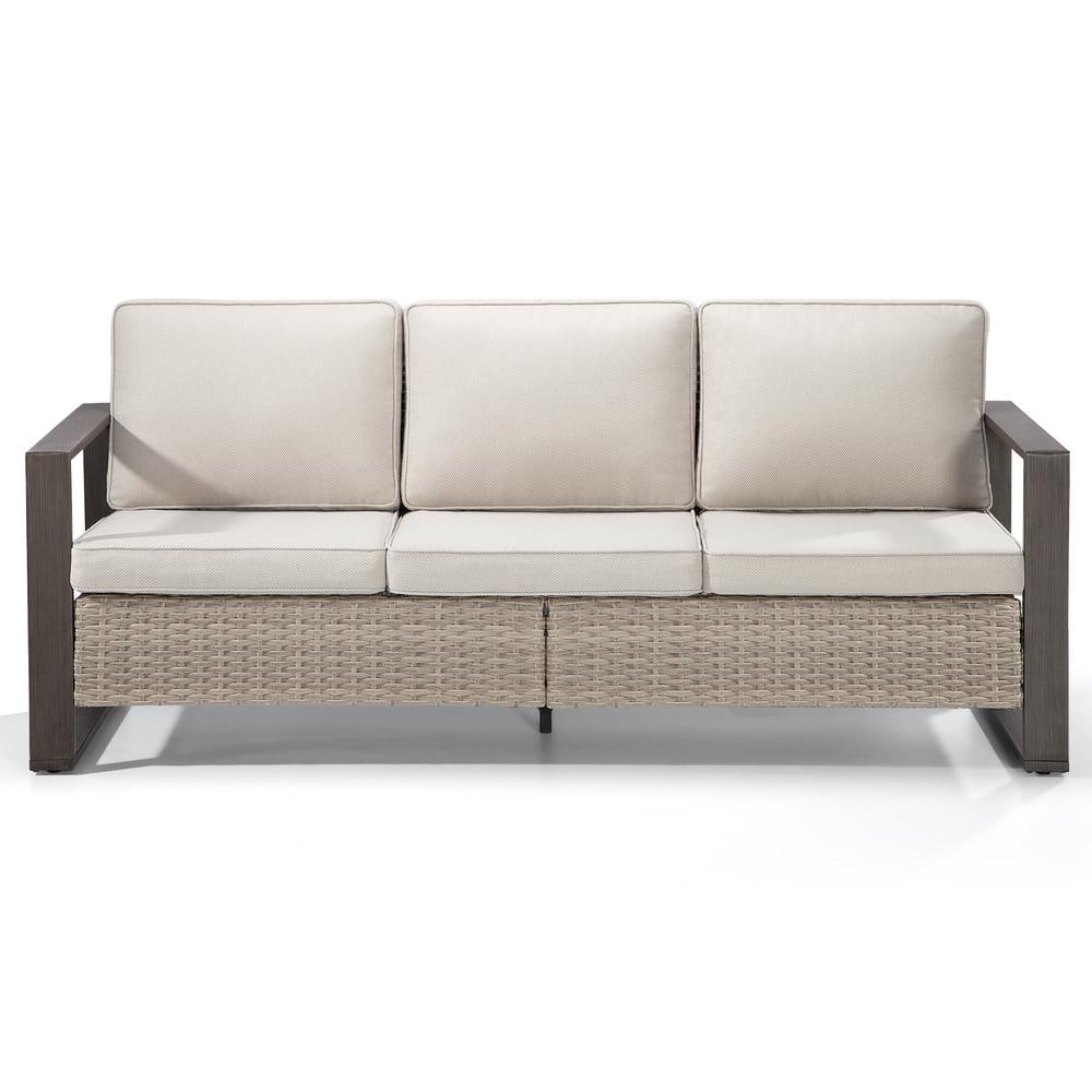Beige 3-Seat Patio Wicker Sofa with Removable Cushions
