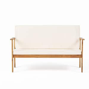Brown Wood Outdoor Loveseat with Beige Cushions