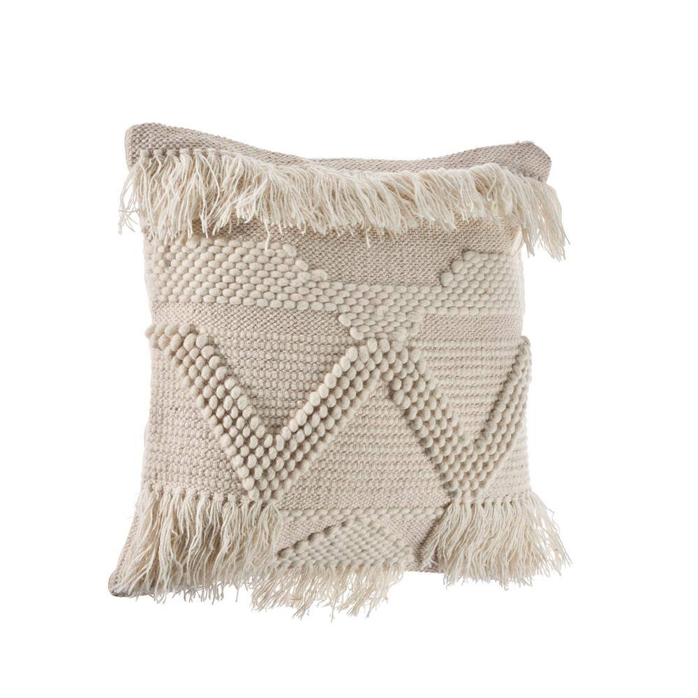 Ivory Embroidered Square Throw Pillow with Fringe