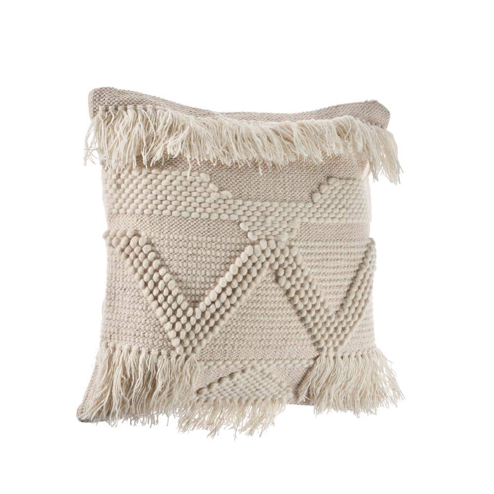 Ivory Embroidered Square Throw Pillow with Fringe