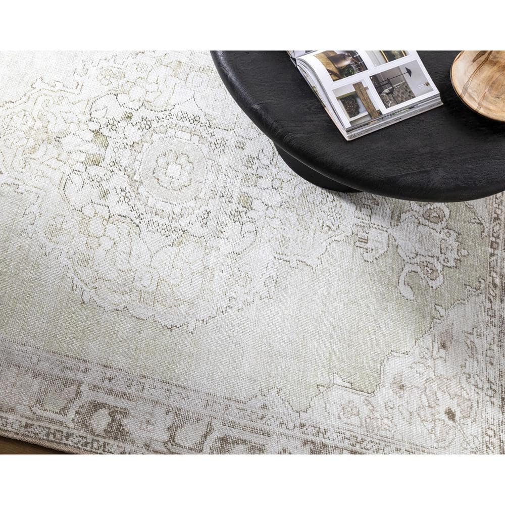 Light Gray Synthetic Medallion Washable Rectangular Area Rug