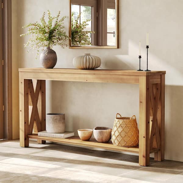 63 in. Wood Color Rectangle Solid Wood Console Table, 2-Tier Sofa Table Entryway Table with Storage Shelf
