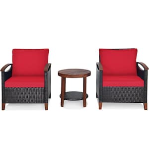 3-Piece Patio Rattan Furniture Set with Red Washable Cushions