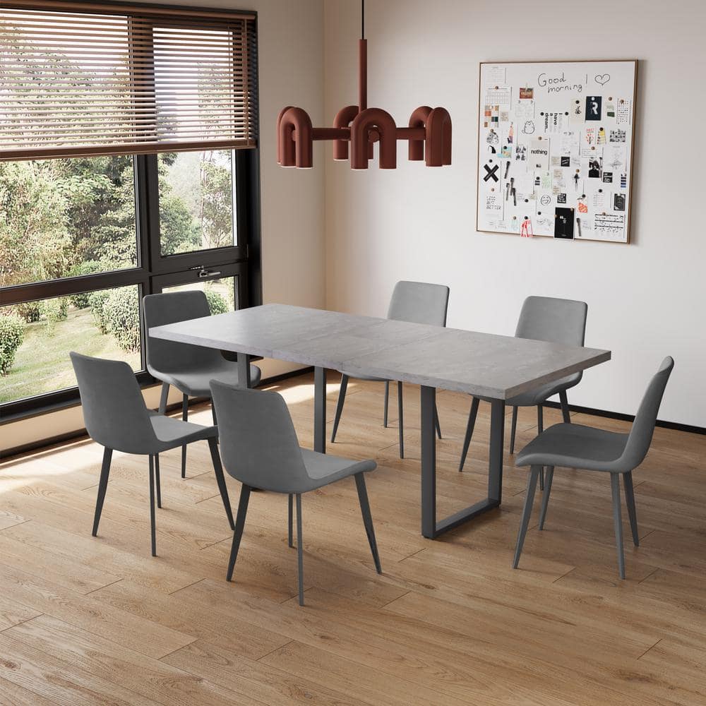 7-Piece Set of 6-Gray Chairs and Retractable Dining Table, Dining Table Set, Dining Room Set with 6-Modern Chairs -  GOJANE, HS00CM3564-LWYA