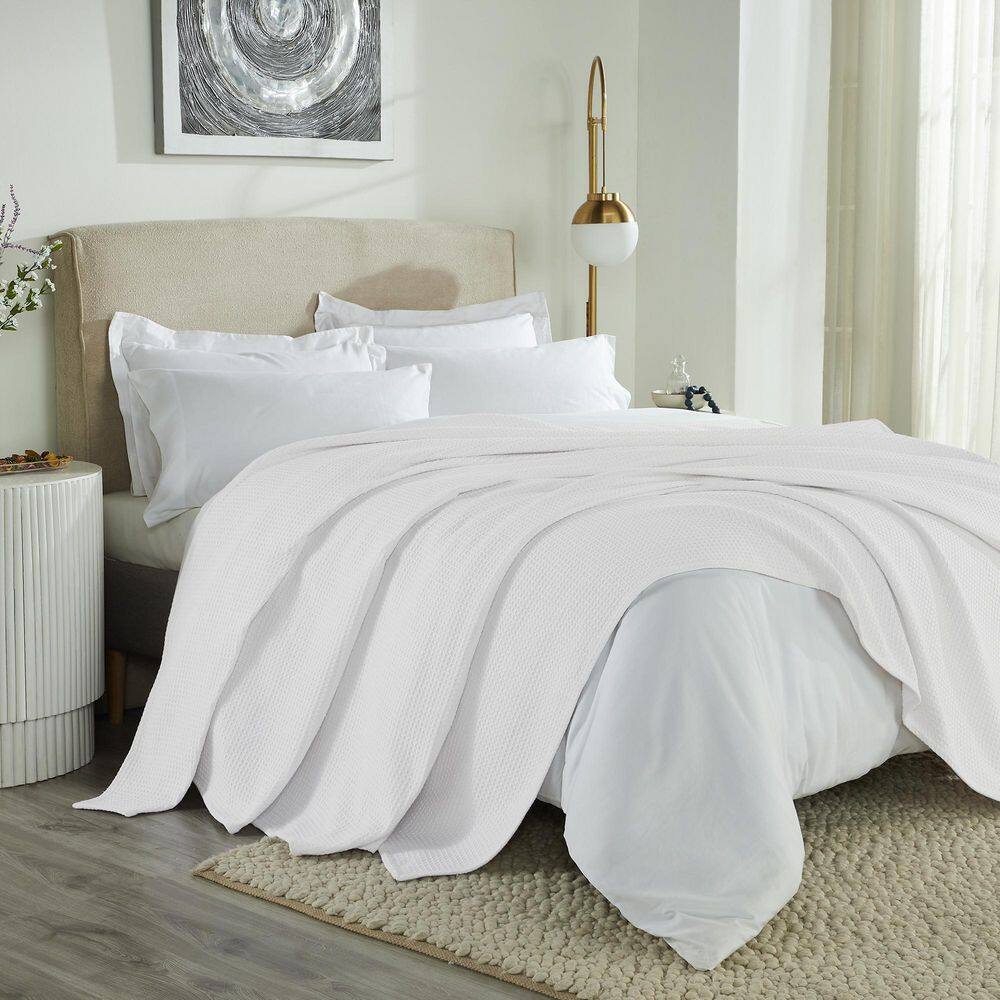 King Size White Cotton Waffle Weave Reversible Blanket