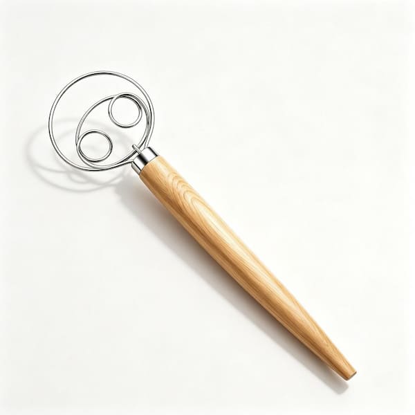 Danish Design Stainless Steel Dough Whisk with Wooden Handle for Efficient Baking and Mixing