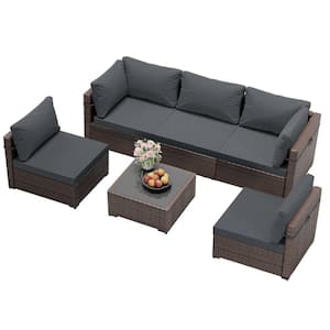 6-Piece Outdoor Wicker Patio Conversation Sofa Set with Cushions in Dark Grey