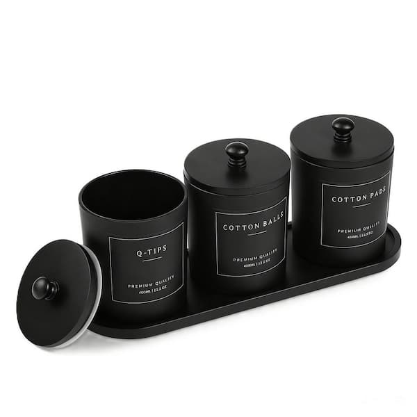 3-Piece Black Glass Bathroom Organizers and Storage with Tray and Lid, Cotton Swab Dispenser, Cotton Ball Holder