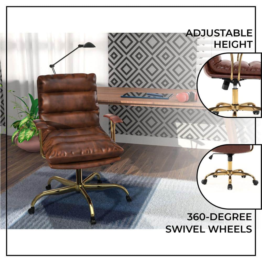 Walnut Brown Leather Executive Swivel Office Chair with Gold Base