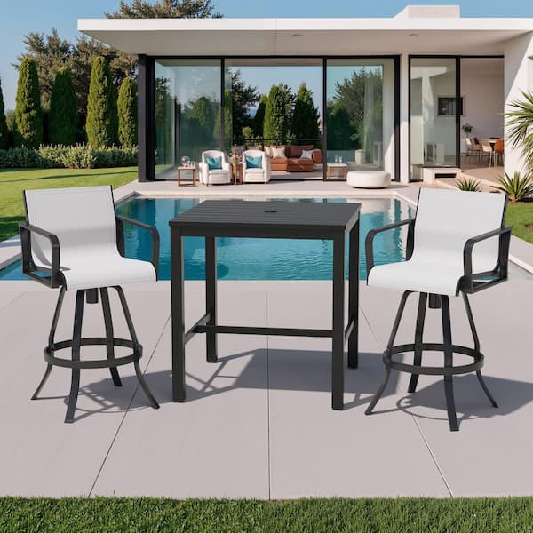 Crestlive Products 3-Piece Square Aluminum Outdoor Dining Set with 35.4 in. Table and Bar Stool in Oyster