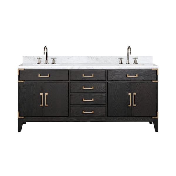 Fossa 72 in W x 22 in D Black Oak Double Bath Vanity, Carrara Marble Top, and Faucet Set