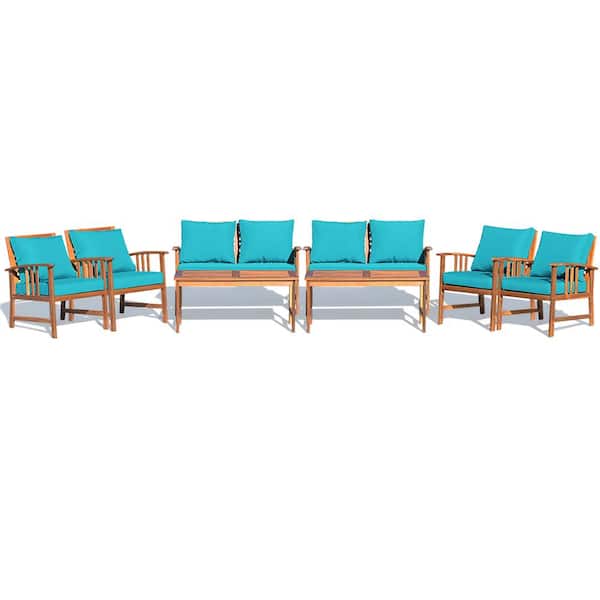 Costway 8-Piece Teak Cushioned Garden Patio Furniture Table Sofa Chair Set Cover Turquoise Cushions