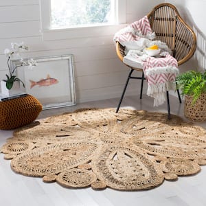 Natural Fiber Beige Doormat 3 ft. x 3 ft. Round Floral Area Rug