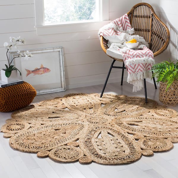 Natural Fiber Beige 5 ft. x 5 ft. Round Floral Area Rug