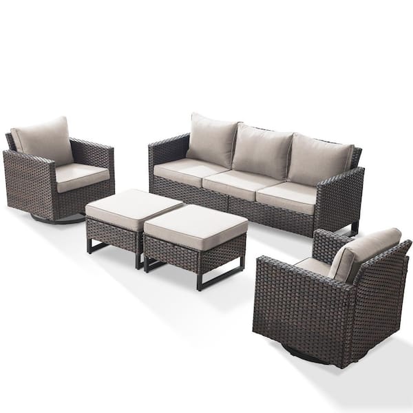 Carlos Beige 5-Piece All-Weather Brown Wicker Outdoor Sectional Set with 3-Seat Sofa and Ottomans