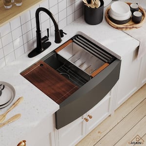 Stainless Steel 30 in. 16-Gauge Single Bowl Farmhouse Apron Workstation Kitchen Sink in Gunmetal Black with Accessories