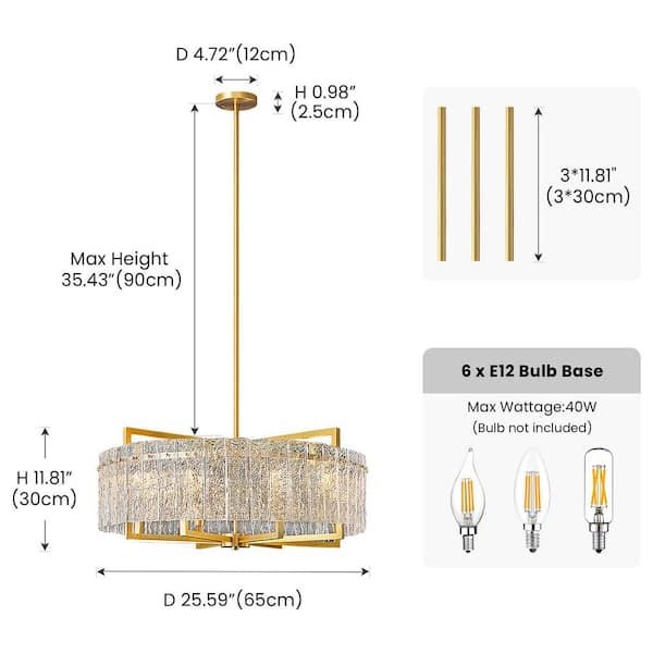 SILJOY 6-Light Gold 25.6in Modern Glass Shade Chandelier for