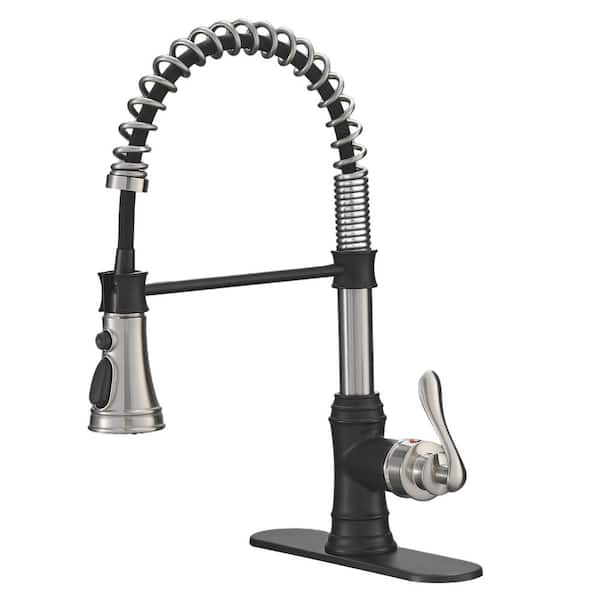 BWE Single-Handle Pull-Down Sprayer 3 Spray High Arc Kitchen Faucet With Deck Plate in Brushed Nickel and Black