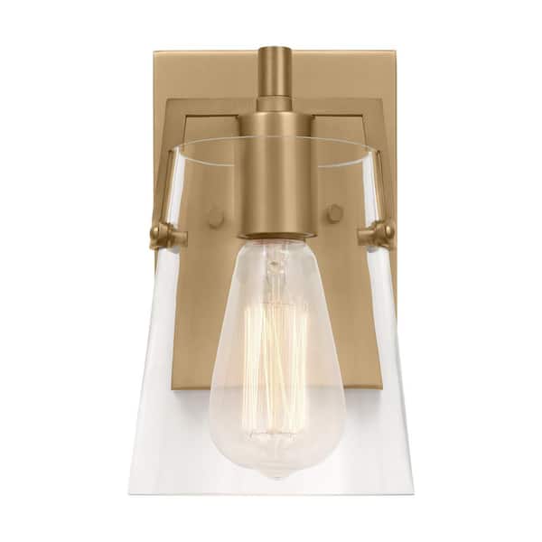 SCOTT LIVING Crofton 5.25 in. W x 9 in. H 1-Light Satin Brass Bathroom Wall Sconce with Clear Glass Shade