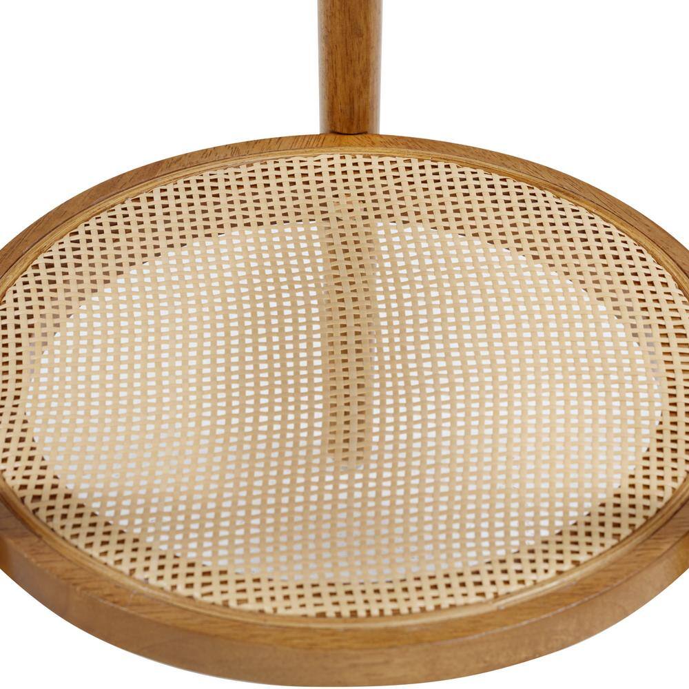 Honey Brown Round Wood Side Table with Rattan Shelf