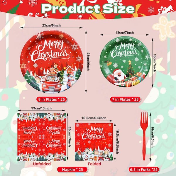 100Pcs Christmas Tableware Set w Santa Design, Disposable Paper