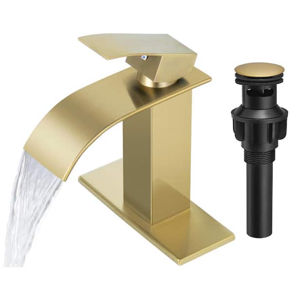 Single Handle Waterfall Spout Single Hole Bathroom Faucet with Deckplate and Pop-Up Drain Assembly in Brushed Gold